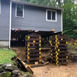 A house that had been lifted to pour a new foundation.