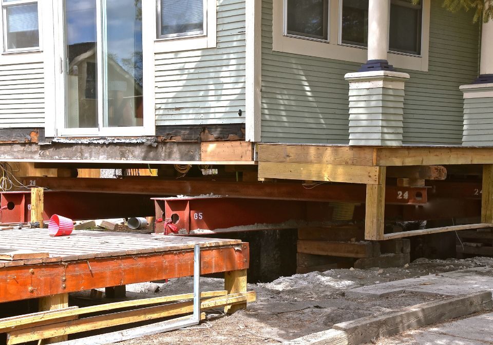 steel bars holding a home up as it is stilted