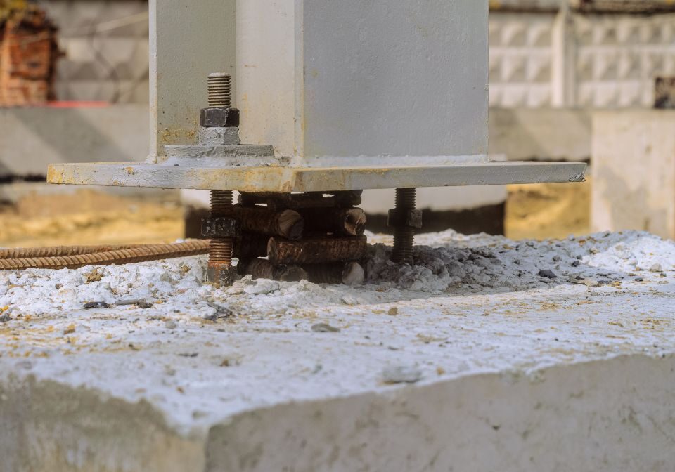steel bars propped up on a cement block